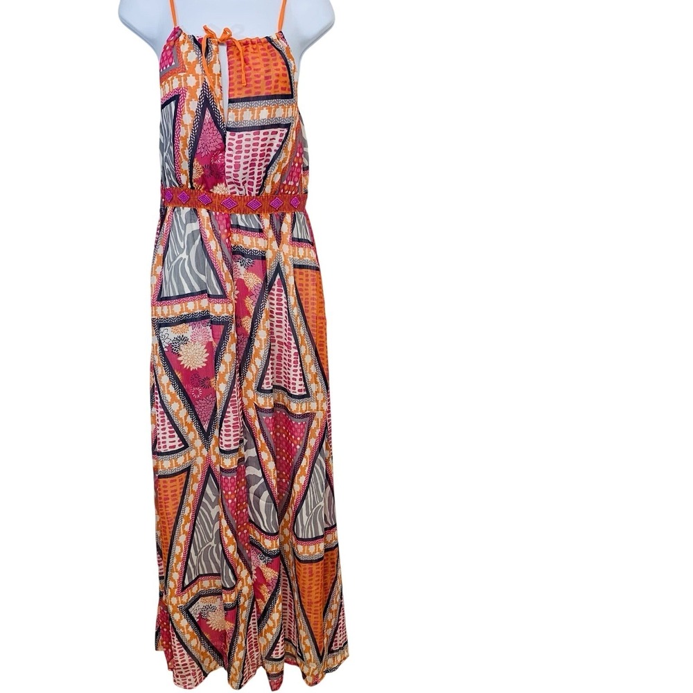H & M Maxi  Empire Flowy Sun Dress 6 Pink Abstract Tropical Beachy Fairy Boho